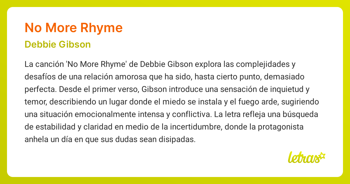 Significado de la canción NO MORE RHYME (Debbie Gibson) - LETRAS.COM
