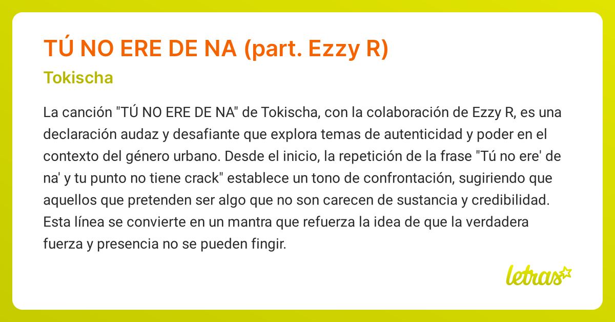 Significado de la canción TÚ NO ERE DE NA (part. Ezzy R) (Tokischa ...