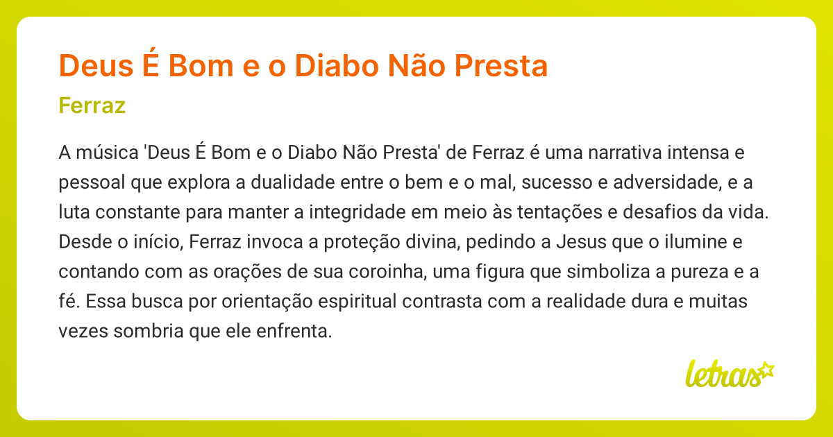 Significado da música Deus É Bom e o Diabo Não Presta (Ferraz) - LETRAS ...