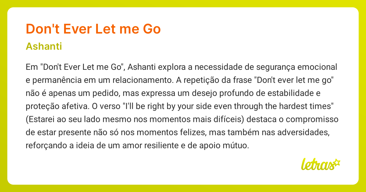 Significado da música DON'T EVER LET ME GO (Ashanti) - LETRAS.MUS.BR