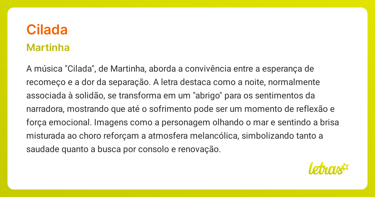 Significado da música CILADA (Martinha) - LETRAS.MUS.BR