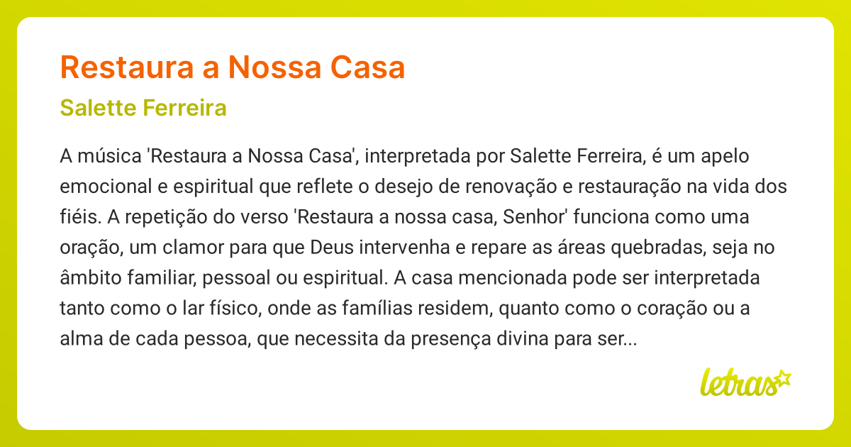 Significado da música RESTAURA A NOSSA CASA (Salette Ferreira) - LETRAS ...