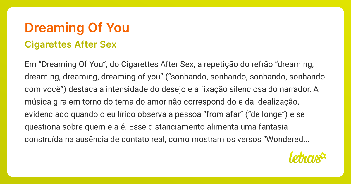 dreaming of you cigarettes after lyrics meaning Significado da música DREAMING OF YOU (Cigarettes After Sex)
