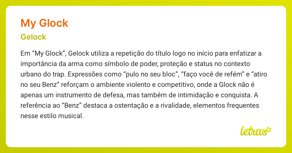 Significado da música MY GLOCK (Gelock) - LETRAS.MUS.BR