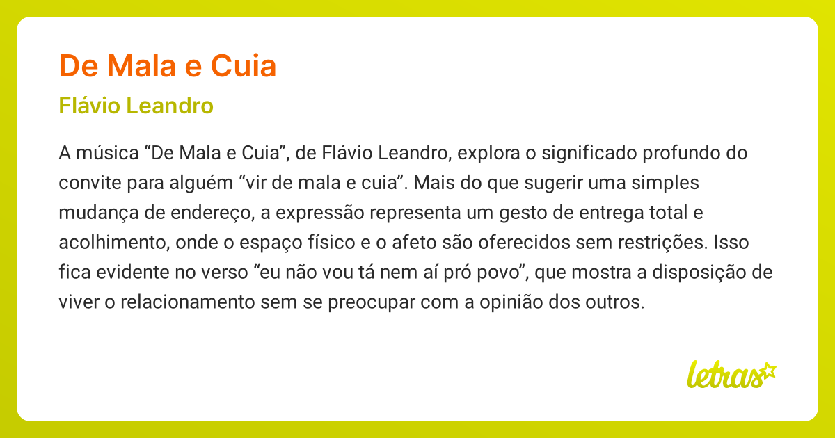 Significado da música DE MALA E CUIA (Flávio Leandro) - LETRAS.MUS.BR