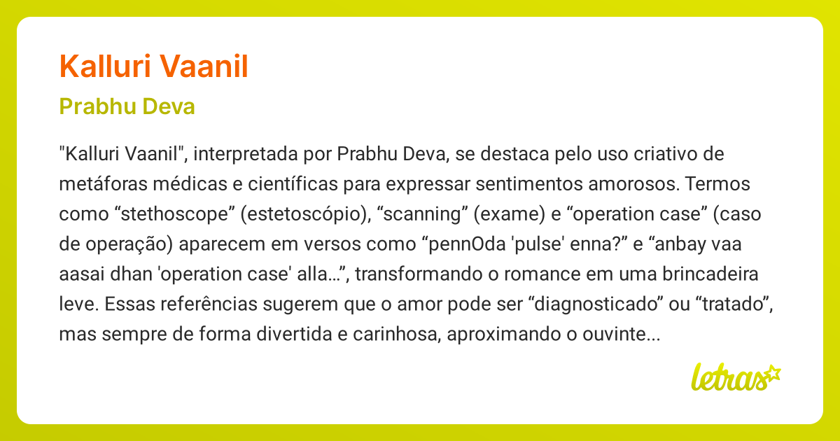 Significado da música KALLURI VAANIL (Prabhu Deva) - LETRAS.MUS.BR