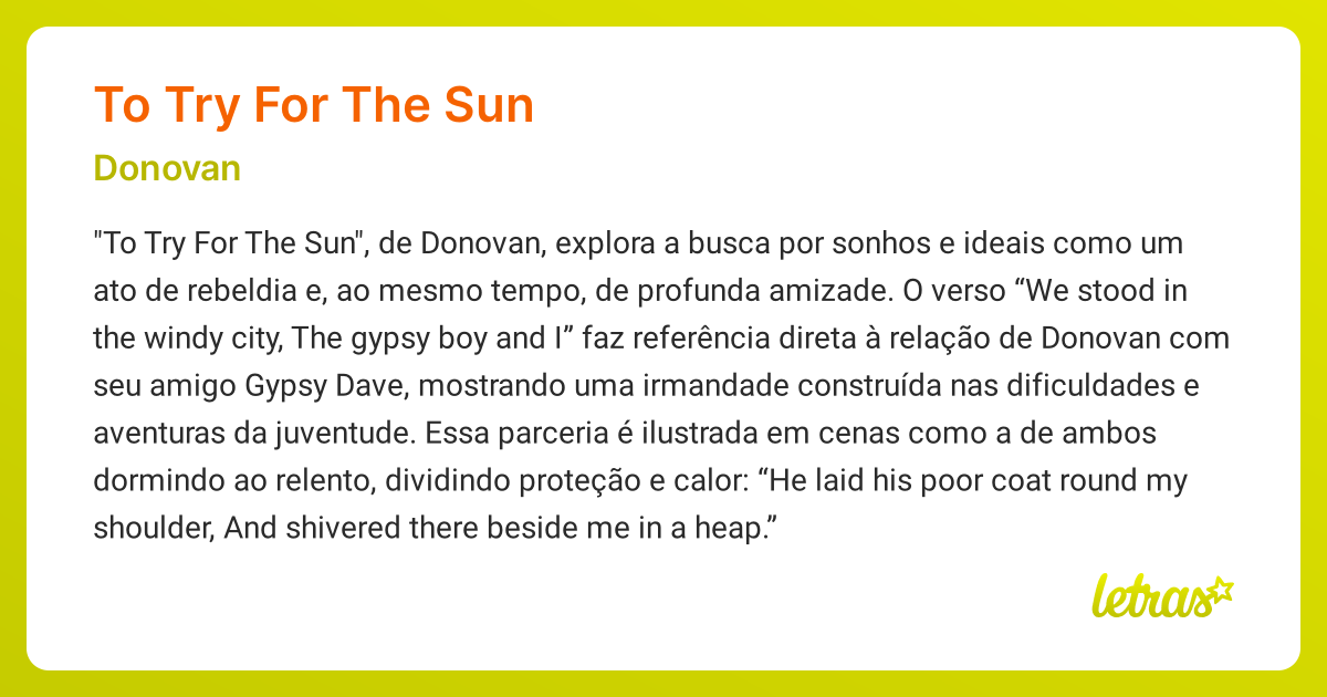 Significado da música TO TRY FOR THE SUN (Donovan) - LETRAS.MUS.BR