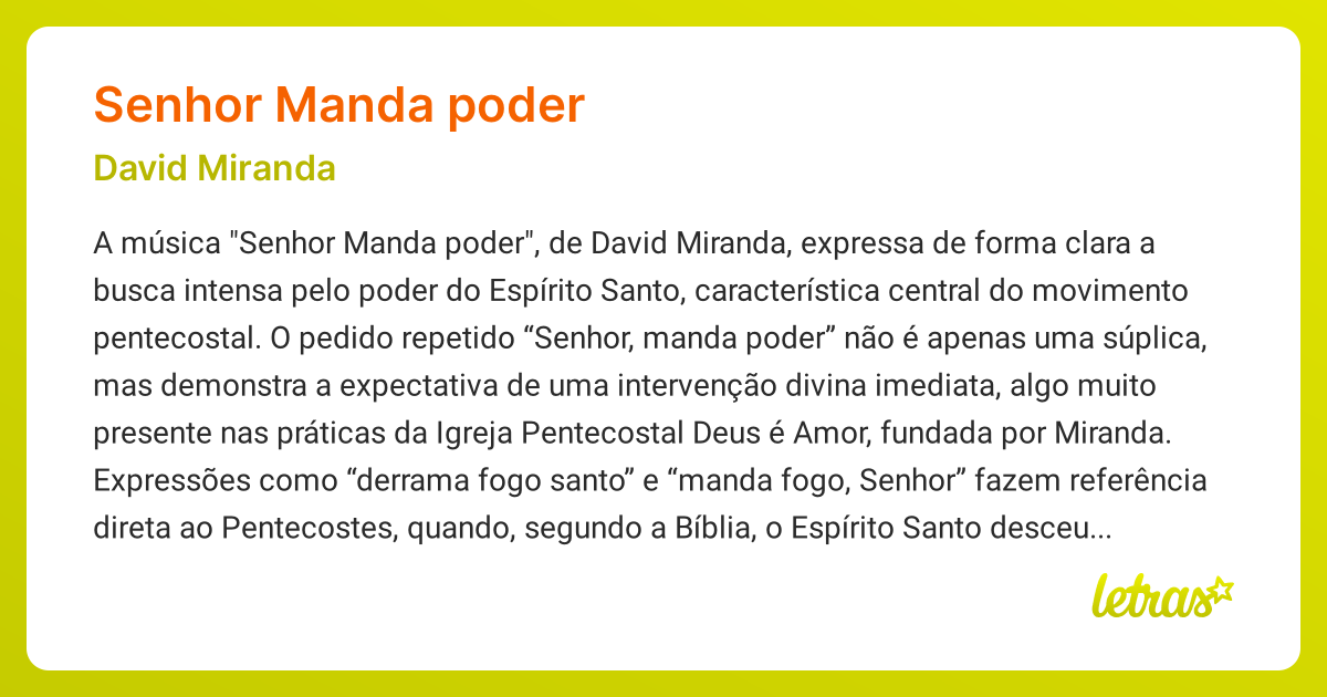 Significado da música SENHOR MANDA PODER (David Miranda) - LETRAS.MUS.BR