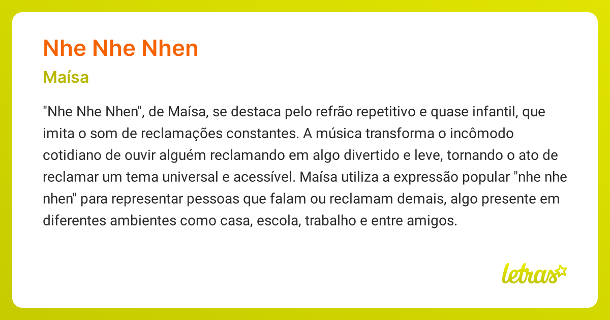 Significado da música NHE NHE NHEN (Maísa) - LETRAS.MUS.BR