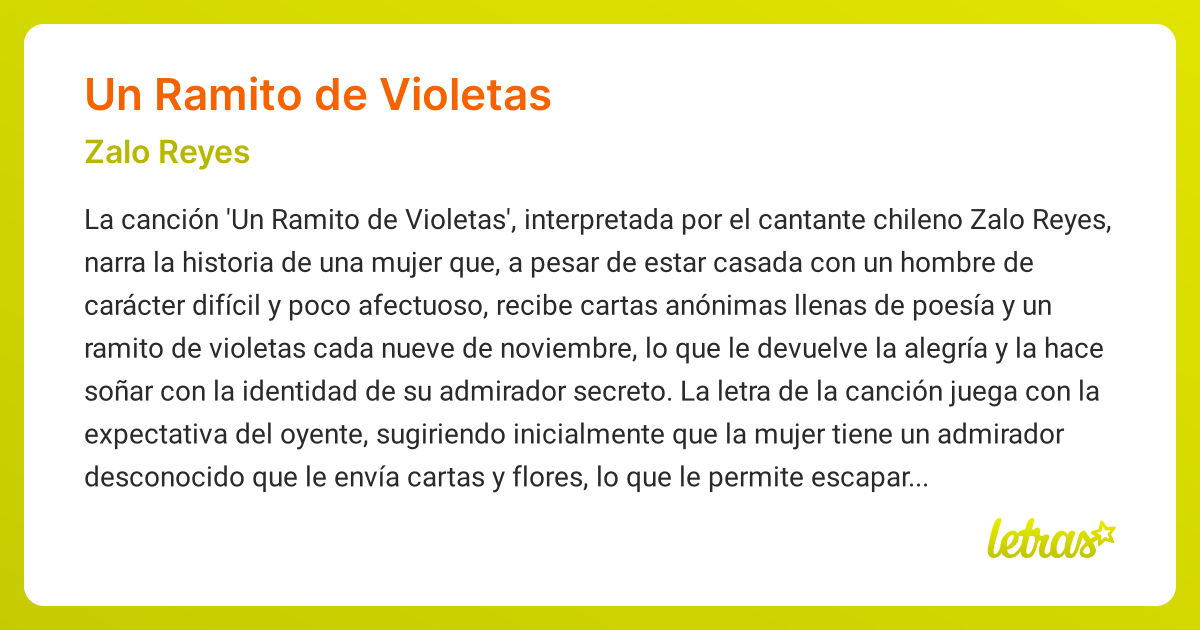 Significado de la canción UN RAMITO DE VIOLETAS (Zalo Reyes) - LETRAS.COM