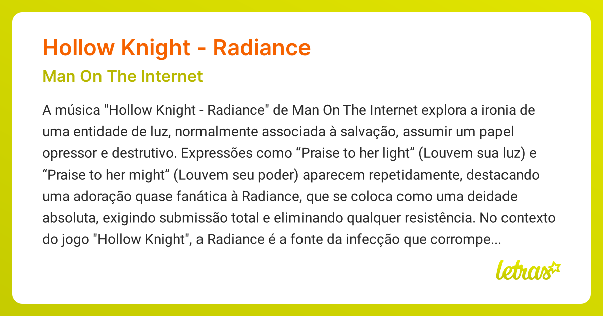 Significado da música HOLLOW KNIGHT RADIANCE (Man On The LETRAS.MUS.BR