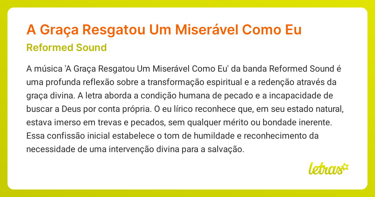 Significado da música A Graça Resgatou Um Miserável Como Eu (Reformed ...