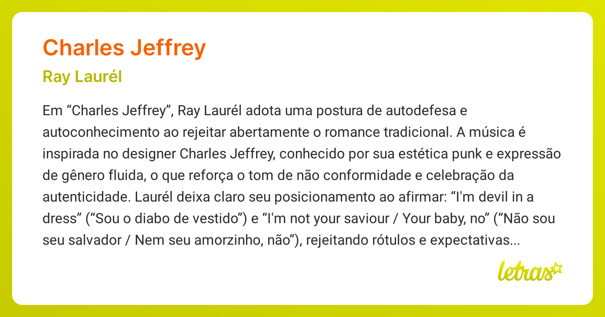 Significado da música CHARLES JEFFREY (Ray Laurél) - LETRAS.MUS.BR