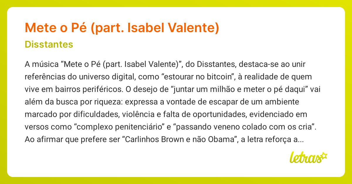 Significado da música Mete o Pé (part. Isabel Valente) (Disstantes ...