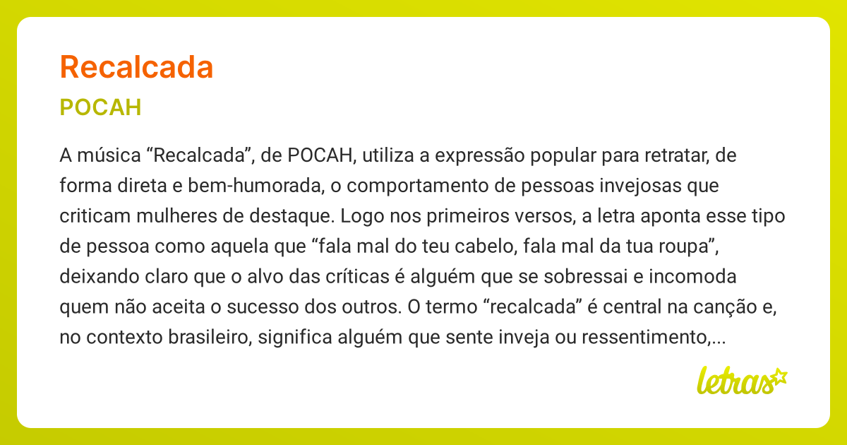 Significado da música RECALCADA (POCAH) - LETRAS.MUS.BR