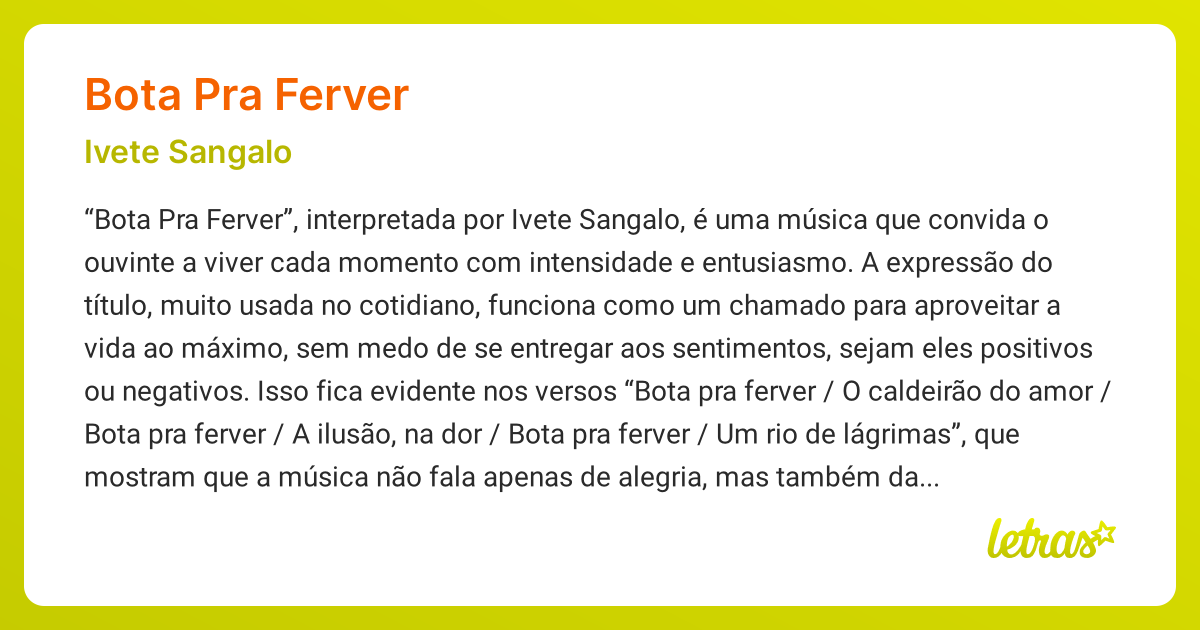 Significado da música BOTA PRA FERVER (Ivete Sangalo) - LETRAS.MUS.BR