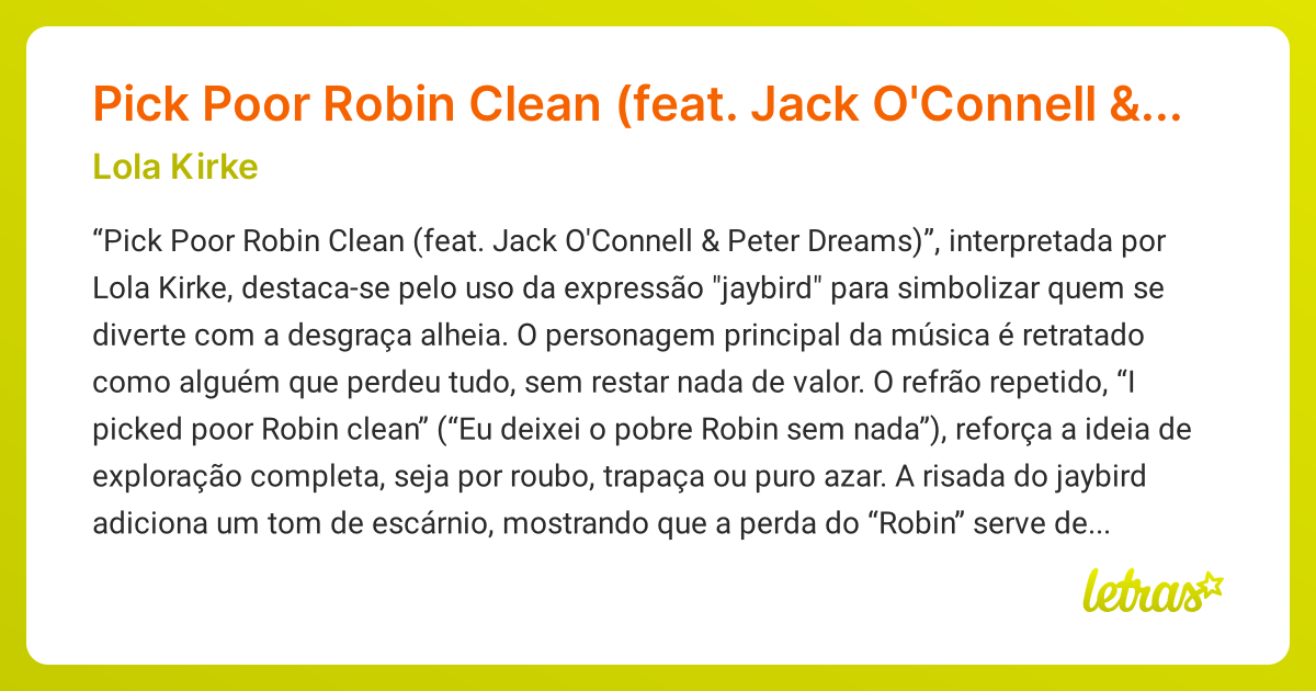 Significado da música Pick Poor Robin Clean (feat. Jack O'Connell ...