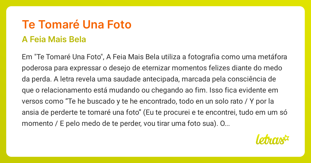 Significado da música TE TOMARÉ UNA FOTO (A Feia Mais Bela) - LETRAS.MUS.BR