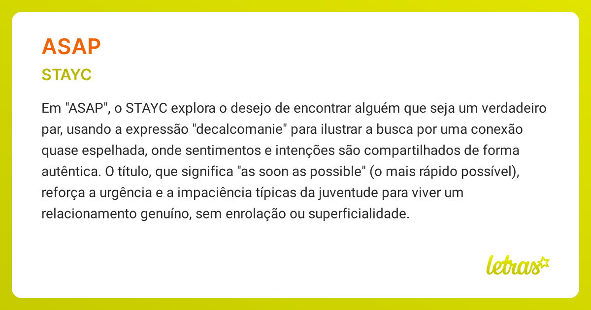 Significado da música ASAP (STAYC) - LETRAS.MUS.BR