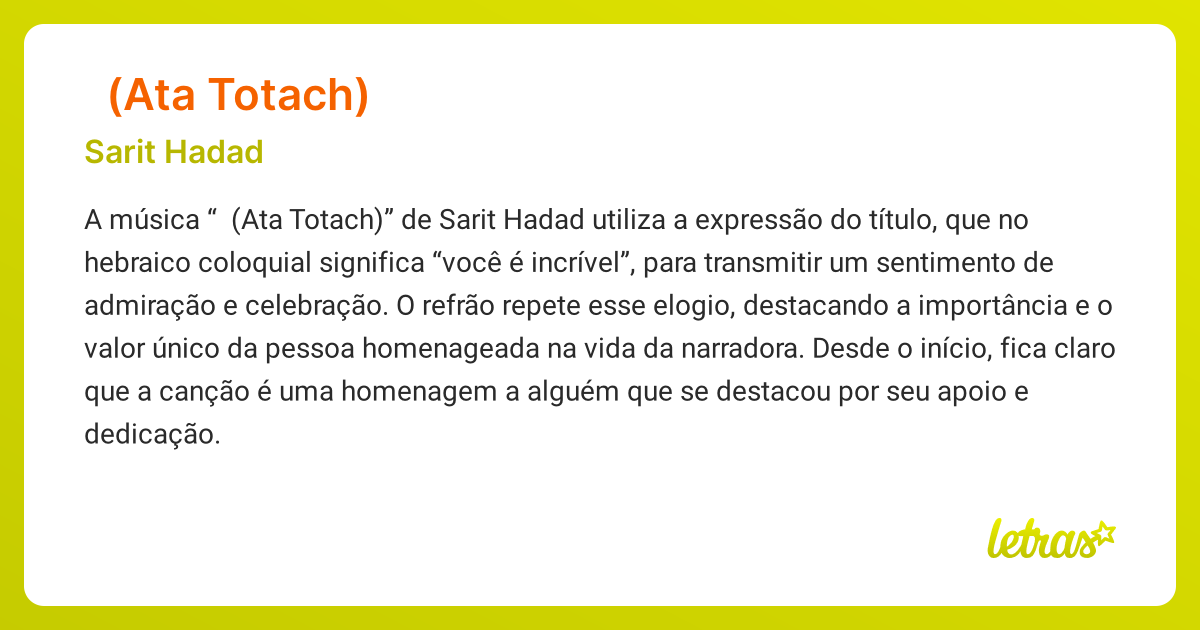 Significado da música אתה תותח (ATA TOTACH) (Sarit Hadad) - LETRAS.MUS.BR