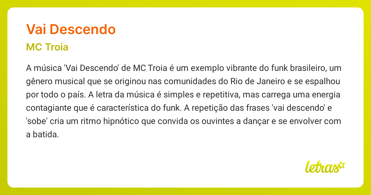Significado da música VAI DESCENDO (MC Troia) - LETRAS.MUS.BR