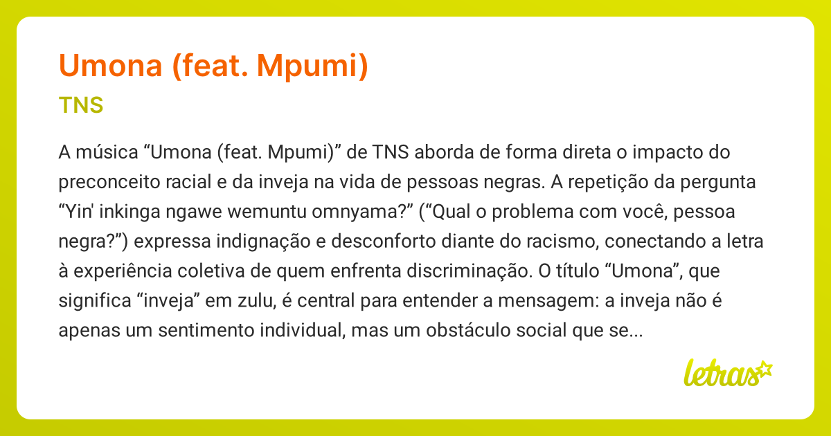 Significado da música UMONA (FEAT. MPUMI) (TNS) - LETRAS.MUS.BR