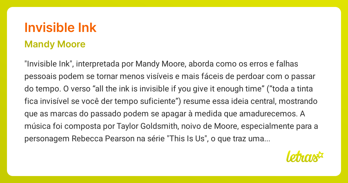 Significado da música INVISIBLE INK (Mandy Moore) - LETRAS.MUS.BR