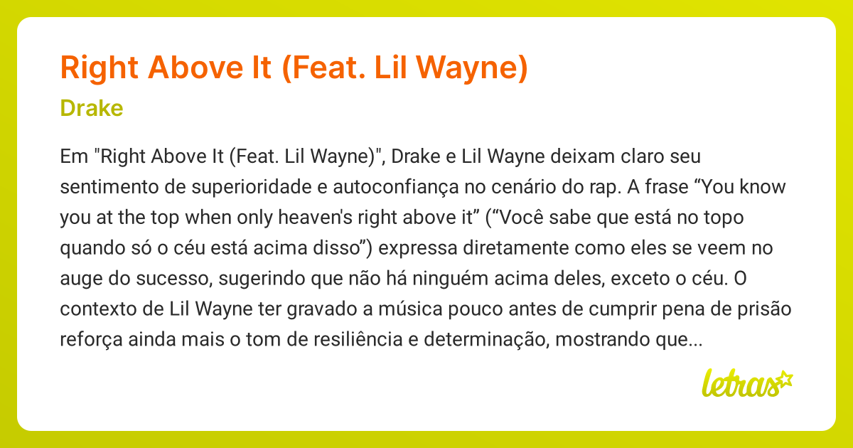 Significado da música Right Above It (Feat. Lil Wayne) (Drake) - LETRAS ...