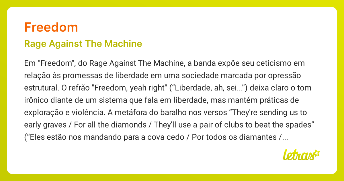 Significado da música FREEDOM (Rage Against The Machine) - LETRAS.MUS.BR