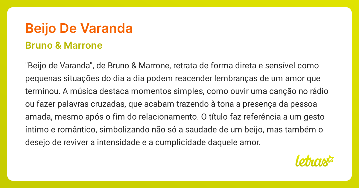 Significado da música BEIJO DE VARANDA (Bruno & Marrone) - LETRAS.MUS.BR