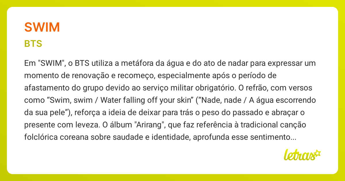 Significado da música SWIM (BTS) - LETRAS.MUS.BR
