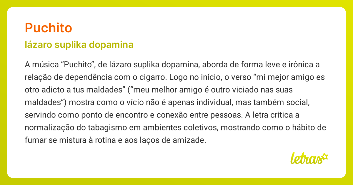 Significado da música PUCHITO (lázaro suplika dopamina) - LETRAS.MUS.BR