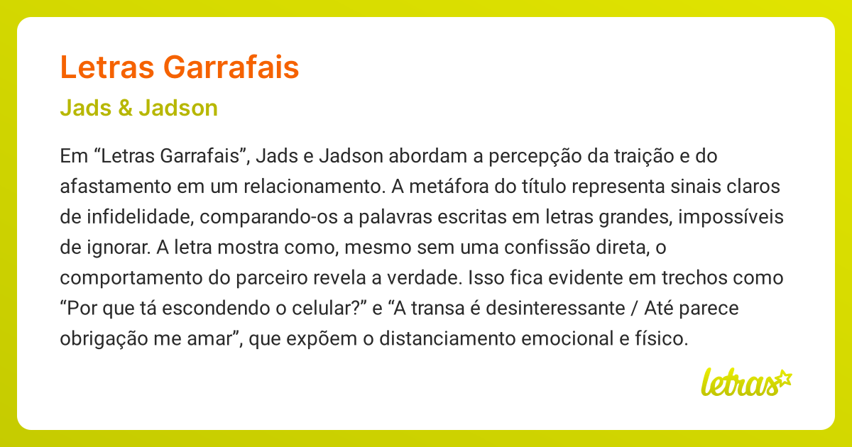 Significado da música LETRAS GARRAFAIS (Jads & Jadson) - LETRAS.MUS.BR