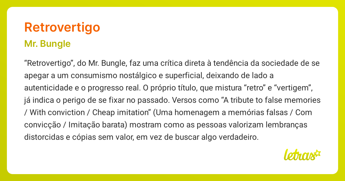 Significado da música RETROVERTIGO (Mr. Bungle) - LETRAS.MUS.BR