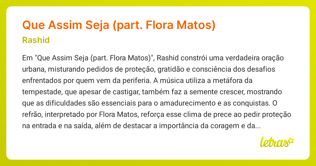 Significado da música Que Assim Seja (part. Flora Matos) (Rashid ...