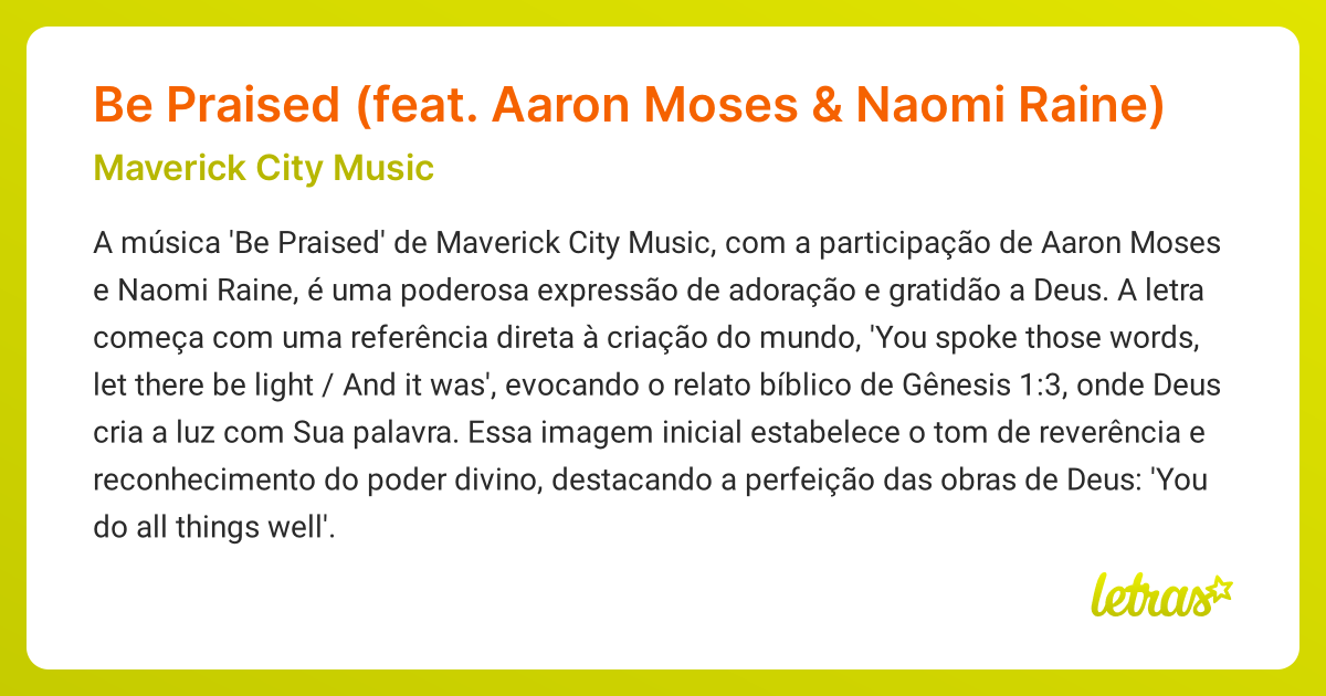 Significado da música Be Praised (feat. Aaron Moses & Naomi Raine ...