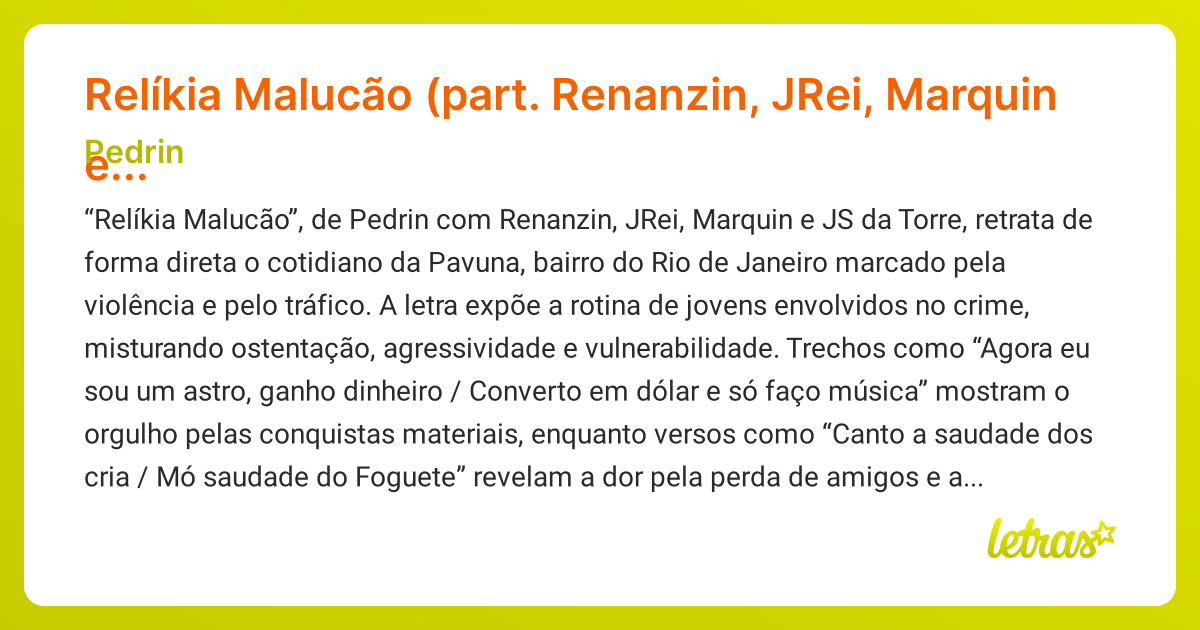 Significado da música Relíkia Malucão (part. Renanzin, JRei, Marquin e ...
