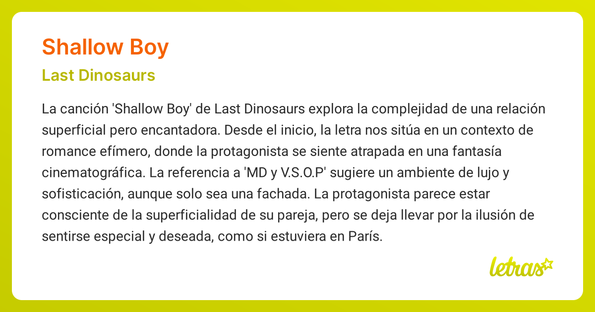 Significado de la canción SHALLOW BOY (Last Dinosaurs) - LETRAS.COM