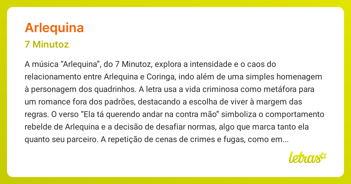 Significado da música ARLEQUINA (7 Minutoz) - LETRAS.MUS.BR