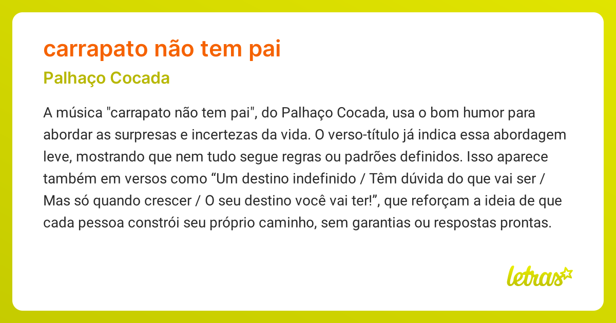 Significado da música CARRAPATO NÃO TEM PAI (Palhaço Cocada) - LETRAS ...