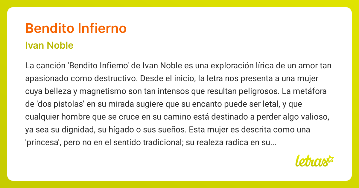 Significado de la canción BENDITO INFIERNO (Ivan Noble) - LETRAS.COM