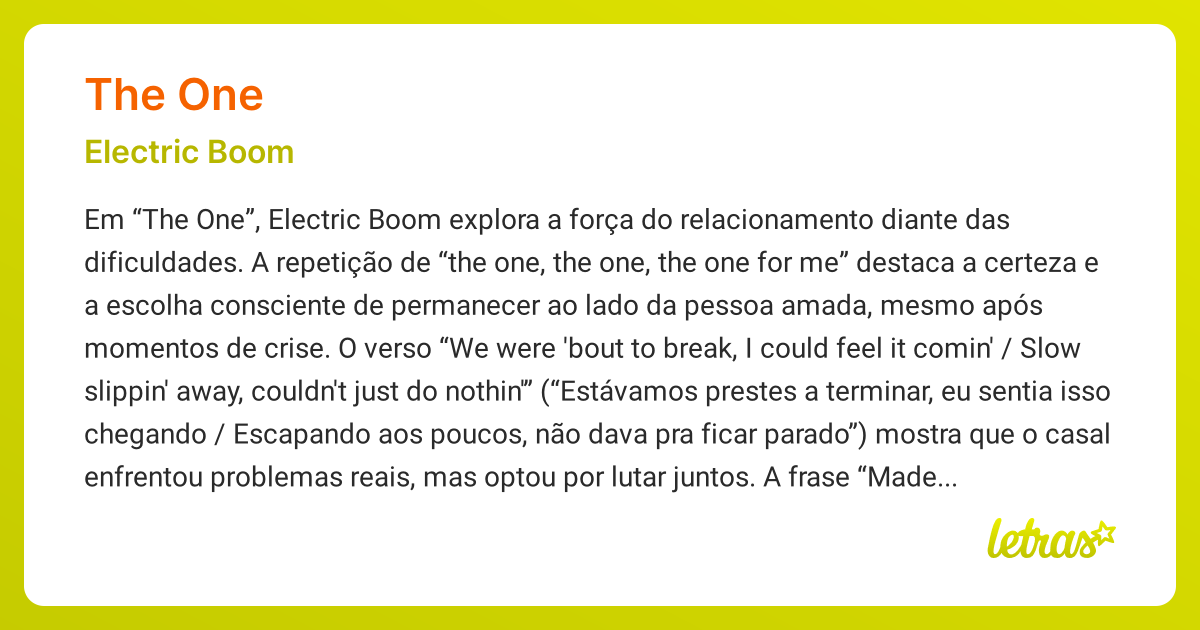 Significado da música THE ONE (Electric Boom) - LETRAS.MUS.BR