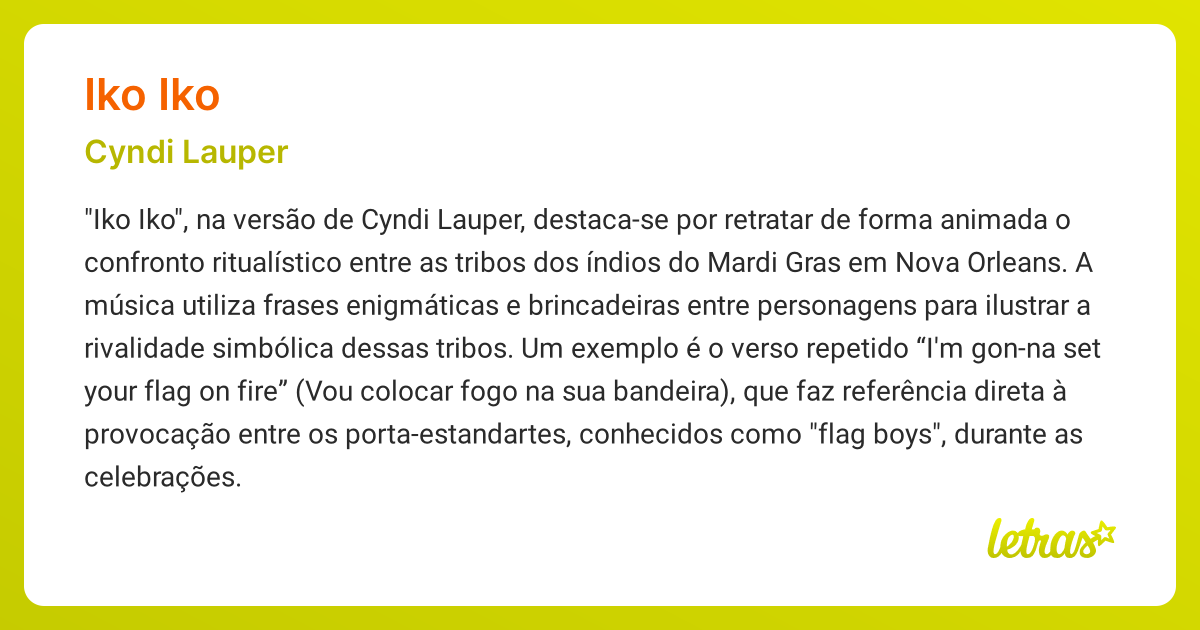 Significado da música IKO IKO (Cyndi Lauper) LETRAS.MUS.BR