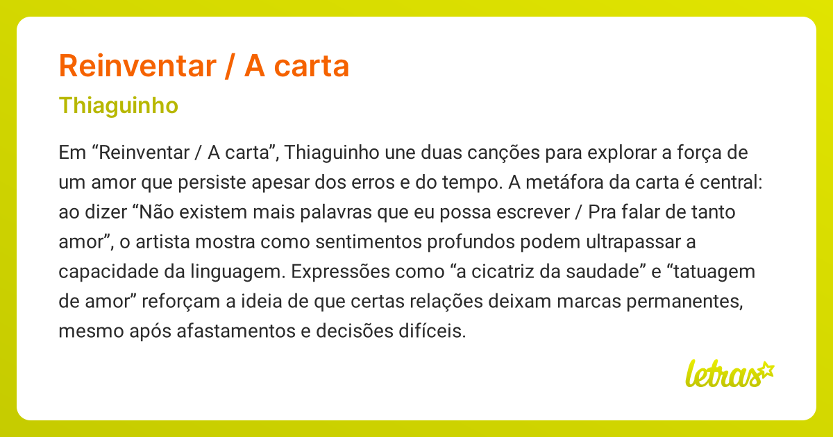 Significado da música REINVENTAR / A CARTA (Thiaguinho) - LETRAS.MUS.BR