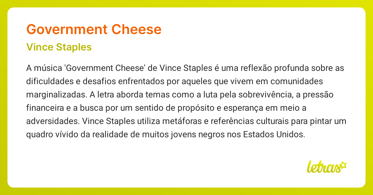 Significado da música GOVERNMENT CHEESE (Vince Staples) LETRAS.MUS.BR