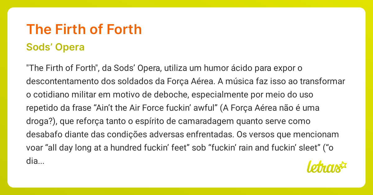 Significado da música THE FIRTH OF FORTH (Sods’ Opera) - LETRAS.MUS.BR