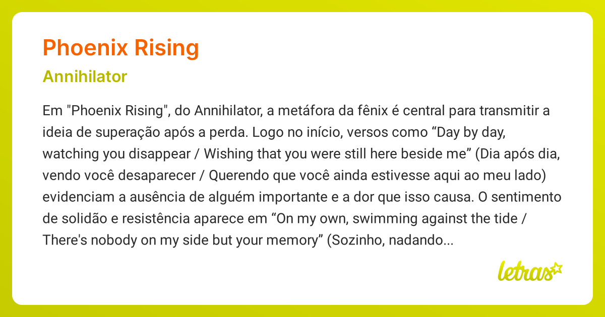 Significado da música PHOENIX RISING (Annihilator) - LETRAS.MUS.BR