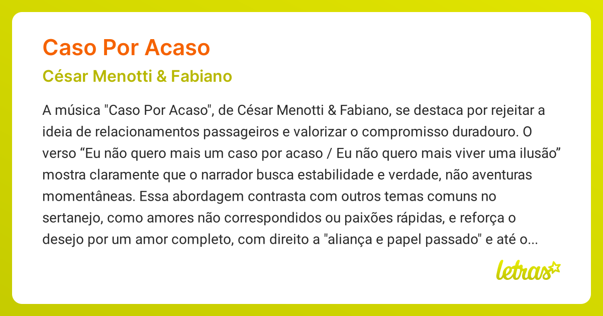Significado da música CASO POR ACASO (César Menotti & Fabiano) - LETRAS ...