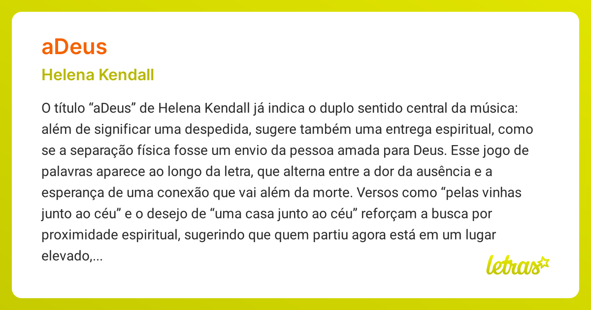 Significado da música ADEUS (Helena Kendall) - LETRAS.MUS.BR