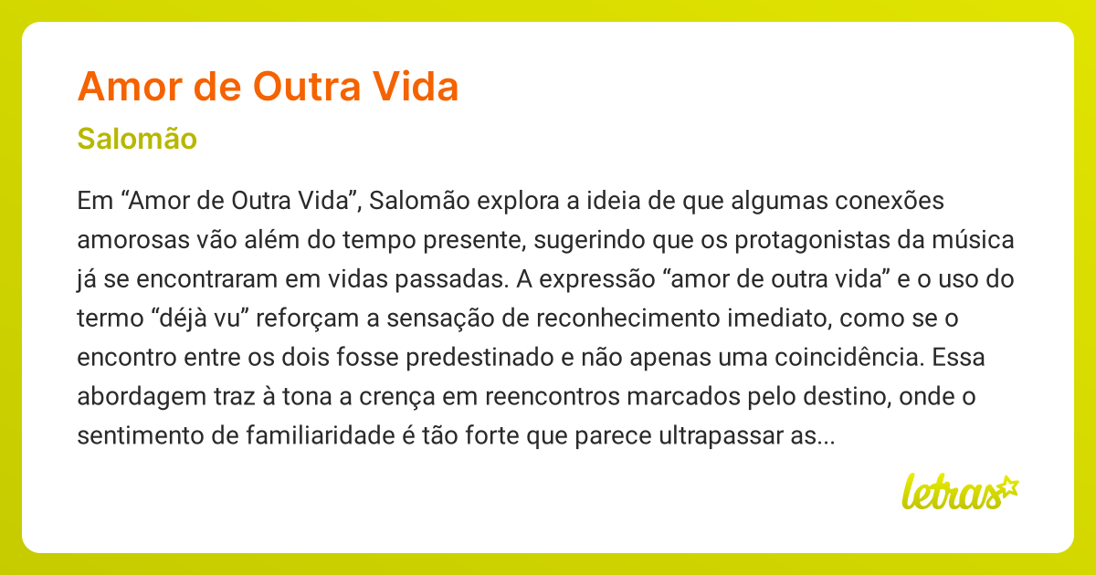 Significado da música AMOR DE OUTRA VIDA (Salomão) - LETRAS.MUS.BR